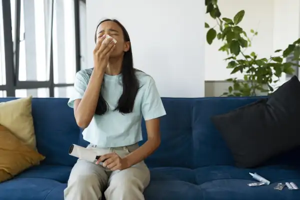 The Importance of Indoor Air Quality for Your Health - Woman sitting on a sofa while holding a tissue to her nose.